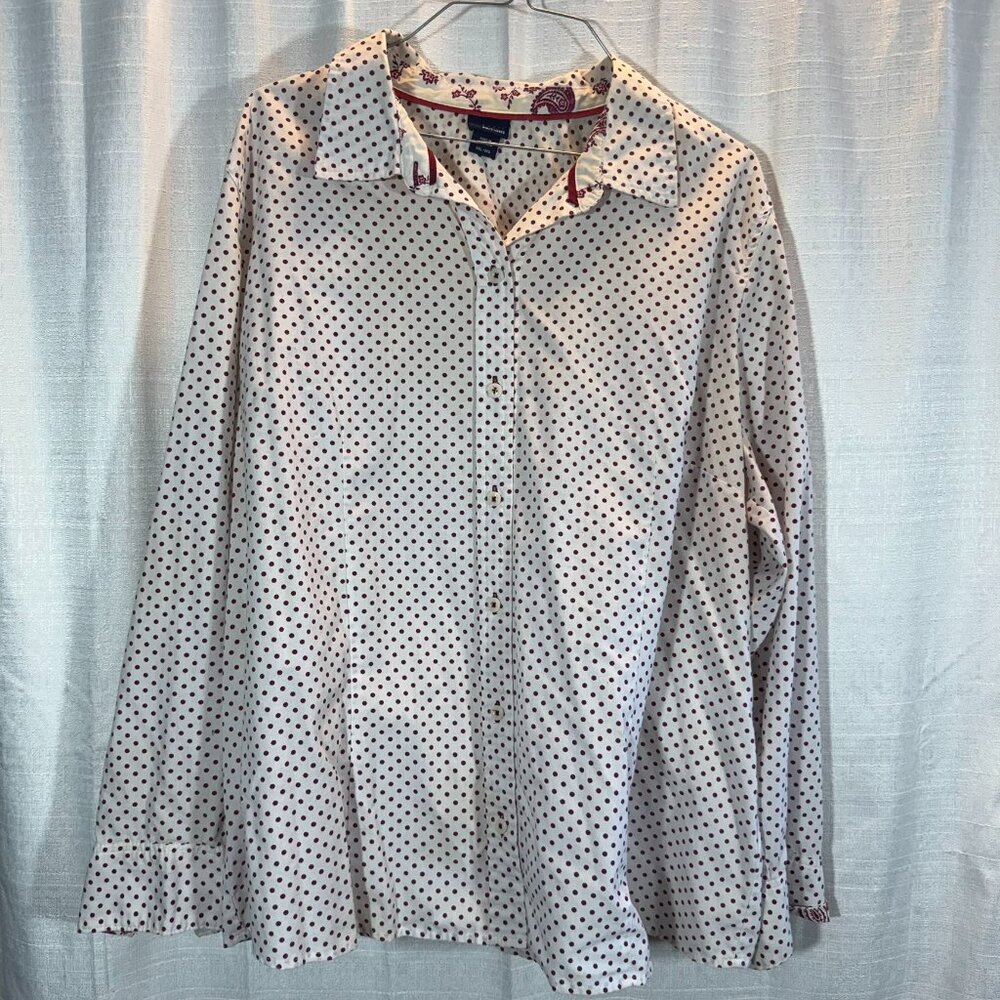 Basic Editions Women's White And Burgundy Polka Dot Button Up Collared Blouse 2X